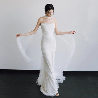 Strapless Ruched Tulle Mermaid Maxi Dress with Sheer Scarf