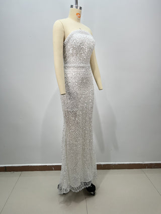 Pearl & Sequin Embellished Strapless Corset Long Dress