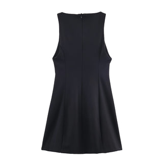 Sleeveless Structured Crepe A-Line Mini Dress with Contrast Bow Design