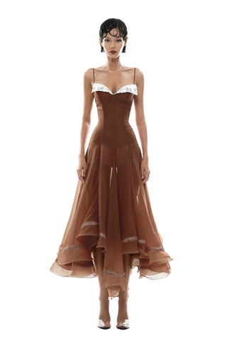 Spaghetti Strap Corset Organza Asymmetric Long Dress with Embroidered Collar Detail