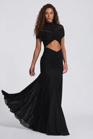 Ruched Mesh Short Sleeve Cut-Out Long Dress