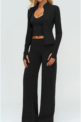 3-Piece Women’s Yoga Set – Cropped Tank, Zip Jacket & Wide-Leg Pants Activewear Set