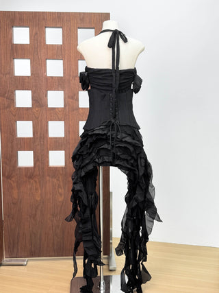 Corset Halter Asymmetric Ruffle Long Dress with Lace-Up Back