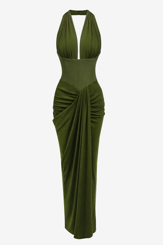 Halter Neck Corset Sleeveless Long Dress with Draped Slit