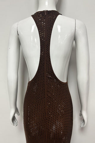 Embellished Cowl Neck Open Back Long Dress