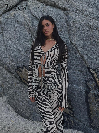 Zebra Print Tie-Front Two Piece Set with Long Sleeve Top & Wide Leg Pants
