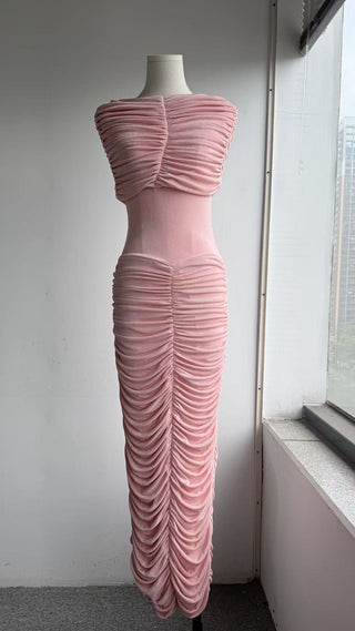 Velvet Ruched Cape Shoulder Short Sleeve Long Dress