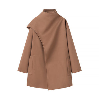 High Neck Asymmetric Wool Blend Coat with Side Pockets