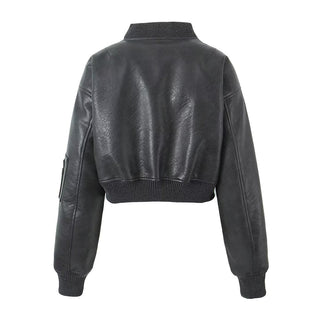 Cropped Faux Leather Bomber Jacket with Zip Detail