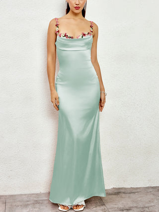 Floral Strap Satin Long Dress with Sleeveless Cowl Neck Design