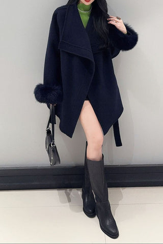 Wrap Belted Wool-Blend Jacket with Fur Cuffs