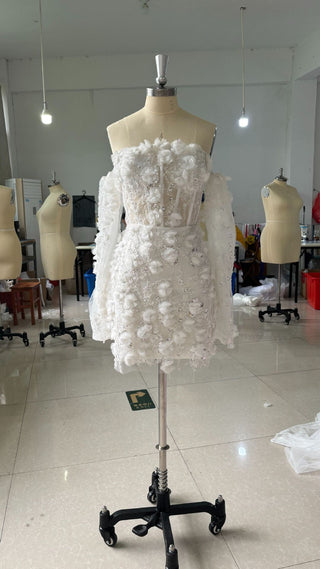 Floral Appliqué Corset Mini Dress with Lace Sleeves