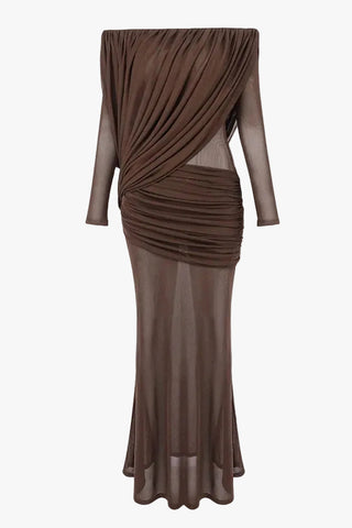 Off-Shoulder Draped Mesh Long Sleeve Long Dress