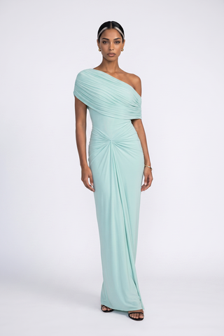 One-Shoulder Long Dress – Gathered Front, Fitted Waist & Floor-Length Design