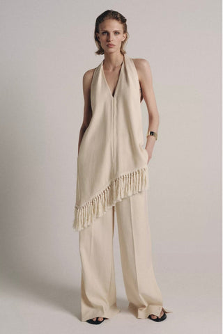 Asymmetric Fringe Halter Top & Wide-Leg Pants Set