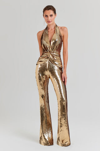 Sequin Halter Neck Sleeveless Flared Jumpsuit