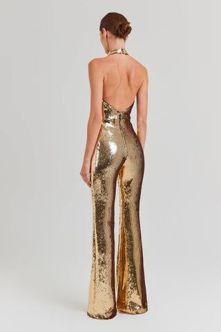 Sequin Halter Neck Sleeveless Flared Jumpsuit