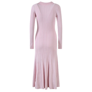 Ribbed Knit Long Dress with Collar and Button Detail