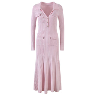 Ribbed Knit Long Dress with Collar and Button Detail