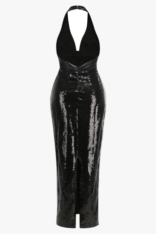 Sequin Halter Neck Long Dress with Open Back and Slit