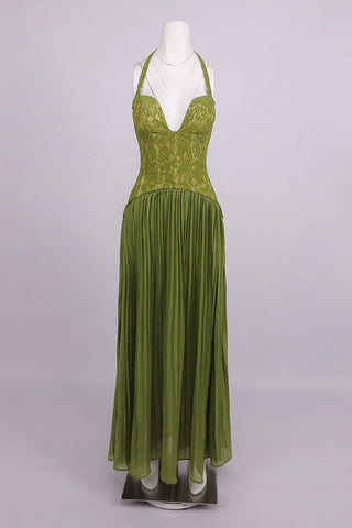 Lace Corset Halter Neck Pleated Long Dress with Lace-Up Back