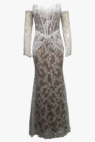 Floral Lace Corset Off-Shoulder Long Dress with Sheer Lace Sleeves