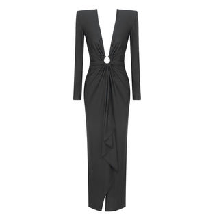 Elegant Long-Sleeve Long Dress V-Neck Evening Gown