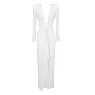 Elegant Long-Sleeve Long Dress V-Neck Evening Gown