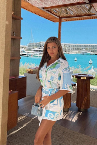 Printed Overshirt and Skort Set – Short Sleeve Button-Up with Belted High-Waist Skort