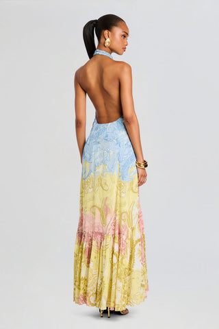 Paisley Print Halter Neck Backless Long Dress