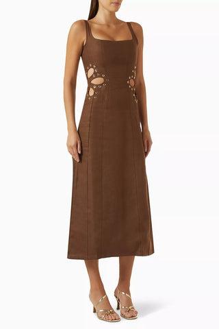 Statement Cut-Out Linen Blend Long Dress with Metal Eyelet Details
