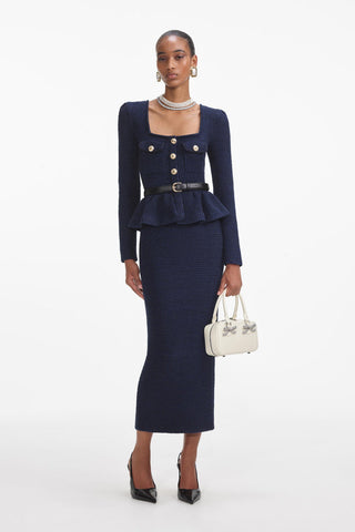 Textured Knitted Peplum Cardigan and High-Waist Skirt Set with Belt