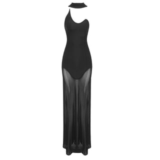 Elegant Sleeveless Bandage Mesh Long Dress Evening Gown with Scarf Detail
