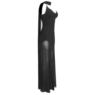 Elegant Sleeveless Bandage Mesh Long Dress Evening Gown with Scarf Detail