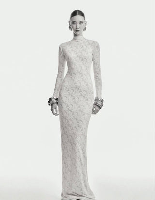 Long Sleeve High Neck Lace Long Dress with Leaf Embroidery