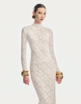 Long Sleeve High Neck Lace Long Dress with Leaf Embroidery