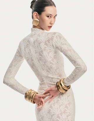 Long Sleeve High Neck Lace Long Dress with Leaf Embroidery