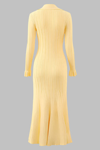 Long Sleeve Ribbed Knit Long Dress with Collar Button Front and Pocket Detail