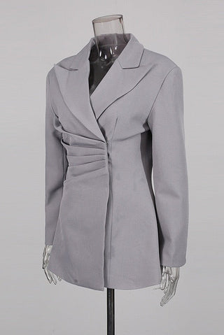 Long Sleeve Draped Pleated Blazer Dress with V-Neck Lapel