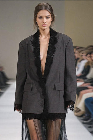 Lace-Trimmed Oversized Blazer Dress with Structured Shoulders