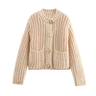 Chunky Knit Cardigan Jacket with Stylish Gold Buttons