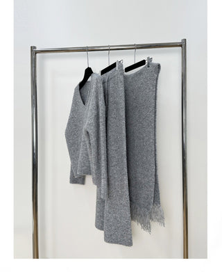 Gray Knitted V-Neck Sweater Comfy Set with Wide-Leg Pants & Scarf