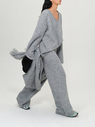Gray Knitted V-Neck Sweater Comfy Set with Wide-Leg Pants & Scarf