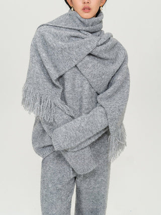 Gray Knitted V-Neck Sweater Comfy Set with Wide-Leg Pants & Scarf