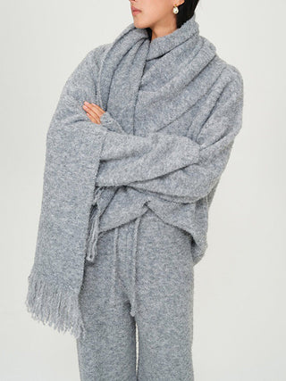 Gray Knitted V-Neck Sweater Comfy Set with Wide-Leg Pants & Scarf