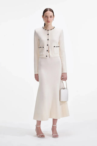 Embellished Pearl and Rhinestone Knit Cardigan with Matching Flared Midi Skirt Set