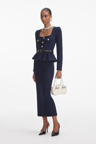 Textured Knitted Peplum Cardigan and High-Waist Skirt Set with Belt