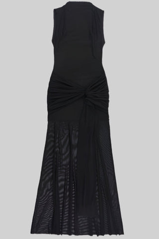 Sleeveless High-Neck Sheer Maxi Dress with Ruched Mesh Overlay