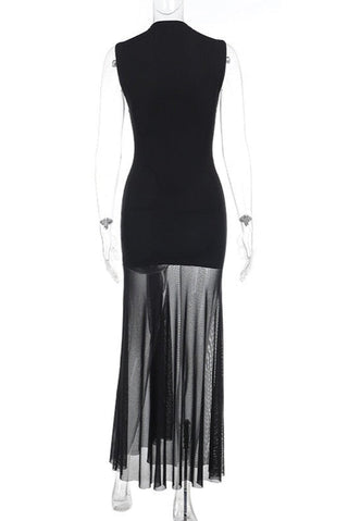 Sleeveless High-Neck Sheer Maxi Dress with Ruched Mesh Overlay