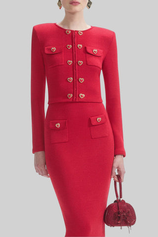 Heart-Button Knitted Cardigan and High-Waist Pencil Skirt Two-Piece Set